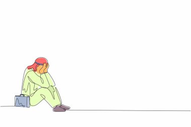 Tek sıra halinde, Arap işadamı yerde üzgün ve depresyonda otururken kendini çiziyor. Ofis çalışanı üzgün, stresli ve üzgün hissediyor. Gençler için depresyon. Bir çizgi grafik tasarım vektörü