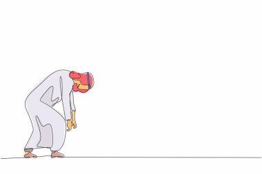 Hüzünlü Arap işadamlarının eğildiği bir çizgi sürekli devam ediyor. Yalnız hisseden, zihinsel baskı ya da stres yaşayan bir adam. Küresel ekonomik durgunlukta iflas, başarısızlık. Tek çizgi çizme tasarım vektörü