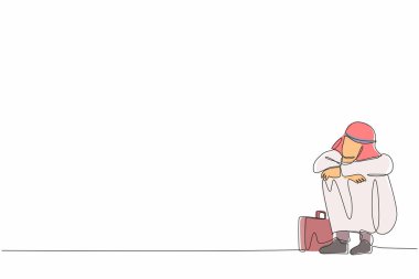 Depresyondaki Arap işadamının çizdiği tek bir çizgi. Üzüntü, melankolik stres ve yerde umutsuzluk içinde duran evrak çantası. İşçi üzgün ifadesi. Devamlı çizgi çizim tasarım vektörü