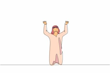 Arap işadamının diz çöküp dua etmesi üzücü. Para kaybetmek, ekonomik kriz, iflas, depresyon. Erkek, dizlerinin üstünde duruyor. bir çizgi çizimi tasarım vektör çizimi