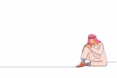 Tek sıra halinde, üzgün bir Arap işadamı yerde tek başına oturuyor. Depresyondaki genç adam bozukluğu, üzüntü, üzüntü, hayal kırıklığı belirtileri. Tek çizgi çizimi tasarım vektörü grafik çizimi