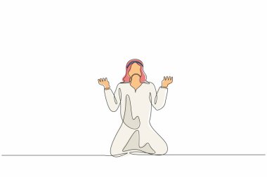 Sürekli olarak Arap iş adamlarının umutsuzluğa kapılmasına yol açan bir çizgi. Erkek müdür üzgün jest ifadesi. Profesyonel tükenme sendromu. Depresyon bozukluğu, üzüntü, keder. Tek çizgi çizme tasarım vektörü