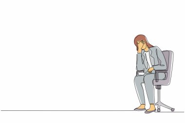 Bir satırda üzgün bir iş kadınının kriz sırasında faturaları ödemek için para bulmayı düşünmesi. Finansal sorunlar ve iflas. Devamlı çizgi çizim tasarım vektörü