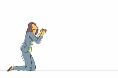 Bir satırda iş kadını ya da menajer dizlerinin üstüne çöküp yardım istiyor. İş ceketli kadın dua ediyor. Psikolojik terapi, tedavi. Devamlı çizgi çizimi tasarım vektörü illüstrasyonu