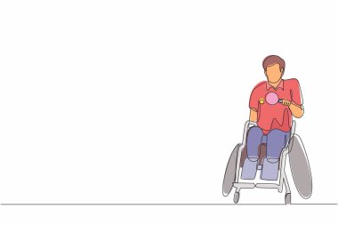 Tekli sandalyede masa tenisi oynayan sakat sporcuları çeken tek çizgi. Engelli oyunları şampiyonası. Hobiler, engelli insanların ilgi alanları. Bir çizgi çizimi grafik tasarım vektörü