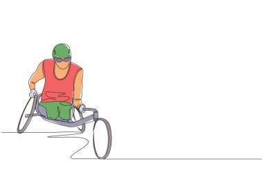 Tekli sandalyede sürekli çizilen tek çizgi. Oyun turnuvasında sakatlık sporcusu. Engelli insanların hobileri ve ilgi alanları. Bir çizgi grafik tasarım vektör çizimi