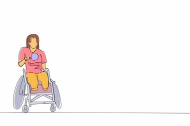 Tekli sandalyede masa tenisi oynayan engelli bir sporcunun çizdiği tek çizgi. Engelli oyunları şampiyonası. Engelli insanların hobileri ve ilgi alanları. Bir çizgi grafik tasarım vektörü