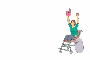 Tek sıra halinde tekerlekli sandalyedeki mutlu engelli genç bir kadının futbol takımını kazanmasını kutluyor. Futbol taraftarı tekerlekli sandalye kullanıcısı. Oyun şampiyonluğu. Devamlı çizgi tasarım grafik vektörü