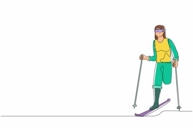 Ayakları karda kayak yapmayan bayan kayakçıyı çizmeye devam ediyor. Kışın kayak ve sırıklı gözlüklü sporcu kadın. Spor, turnuva. Tek çizgi çizimi tasarım vektörü grafiği