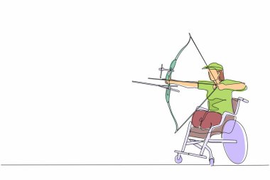 Tek sıra halinde spor yayıyla nişan alan engelli bayan sporcu. Sporcular için okçuluk spor ekipmanları. Engelli okçu kadın okla nişan alıyor. Bir çizgi çizimi grafik tasarım vektörü
