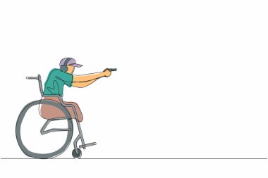 Tek sıra halinde, tekerlekli sandalyedeki genç sporcuyu silahla ateş ederken çekiyor. Engelli insanların hobileri ve ilgi alanları. Aralıksız çizgi çizimi tasarım grafik vektör çizimi