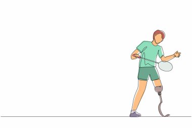 Tek sıra halinde erkek sporcu badminton oynuyor. Protez bacaklı bir adam raket tutuyor. Engelli biri spor yapıyor. Bir çizgi çizimi grafik tasarım vektörü