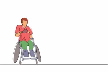Tekli sıra, tekerlekli sandalyede masa tenisi oynayan engelli sporcuyu çekiyor. Oyun şampiyonluğu. Hobiler, engelli insanların ilgi alanları. Devamlı çizgi çizimi grafik vektörü