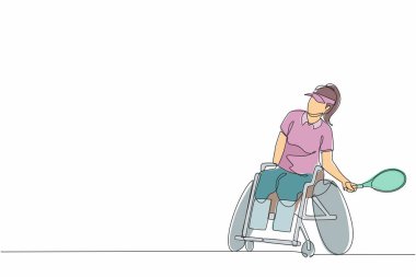 Tekerlekli sandalyede tenis oynayan bir sporcunun sürekli çizdiği bir çizgi. Toplum kavramı, engelli insanlar topluluğu. Hobiler, ilgi alanları. Tek çizgi tasarım vektör grafik çizimi