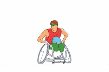 Tekerlekli sandalyedeki spor müsabakalarında sürekli olarak rugby oynayan bir sporcu. Tekerlekli sandalyedeki engelli ragbi oyuncusu. Fiziksel bozukluğu olan bir sporcu. Tek çizgi çizimi tasarım vektörü grafiği