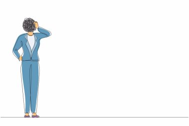 Kafası yerine yuvarlak karalamalarla iş kadını çizmeye devam ediyor. Şüpheci bir kadın ayakta duruyor ve düşünüyor, tatmin olmamış ciddi bir endişeli insan. Tek çizgi çizimi tasarım vektör çizimi