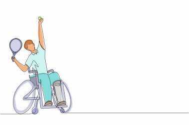 Tekerlekli sandalyeli tenis sporu çizmeye devam et. Tekerlekli sandalyedeki raketli bir sporcu. Aktif insanlar. Vay be. Engellilik, sosyal politika. Sosyal destek. Tek çizgi çizme grafik tasarım vektörü