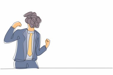 Kafası yerine yuvarlak karalamalarla iş adamı çizen tek satır. Takım elbiseli kızgın erkek yönetici, tehditkar hareketlerini yumruğunu sıkarak gösteriyor. Aralıksız çizgi çizme grafik tasarım vektörü