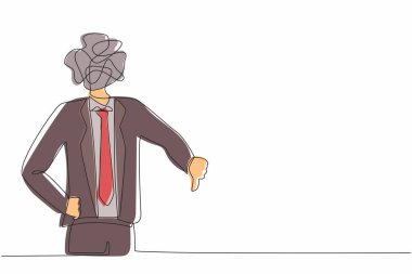 Kafası yerine yuvarlak karalamalarla iş adamı çizmeye devam ediyor. Kafası karışmış erkek baş parmak işareti, hoşlanmama, onaylamama, anlaşmazlık gösteriyor. Tek çizgi çizimi tasarım vektör çizimi