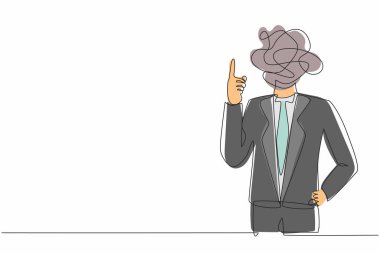 Kafası yerine yuvarlak karalamalarla iş adamı çizmeye devam ediyor. Erkek yönetici fikri temsil ediyor, çözüm. İşaret parmağı gösteriyor ya da gösteriyor. Tek çizgi çizimi tasarım vektör çizimi