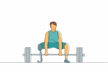 Ağırlık kaldıran engelli erkek sporcu çizgisi. Spor salonunda halterle antrenman yapan engelli bir genç. Özürlü sporcu konsepti. Bir çizgi çizimi grafik tasarım vektörü