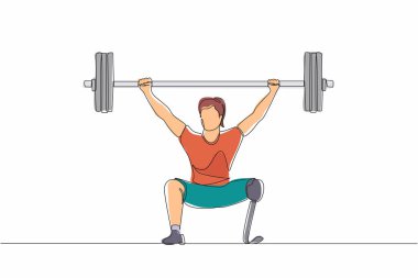 Kesik bacaklı, engelli bir kadın halterci çiziyor. Ampüte kadın, ağır sıklet sporcu kadın. Biyonik protez yaşam kalitesini yükseltiyor. Bir çizgi tasarımı vektör illüstrasyonu