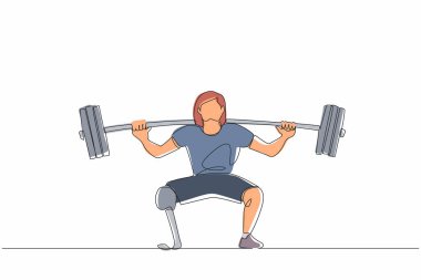 Tek bir çizgi, sakat bacakları olan kadın halterci çiziyor. Halter kaslarıyla atletik halter egzersizi güçlü bir kadın vücudu spor yapıyor. Devamlı çizgi tasarım vektörü