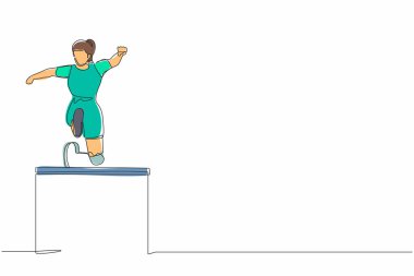 Tek sıra halinde, önünü kesen, atlayan, engelli koşan kadın atlet. Engelli yarışı ile engelli oyunu. Engelli spor konsepti. Bir çizgi grafik tasarım vektör çizimi