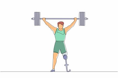 Tek sıra halinde güçlü engelli vücut geliştirme sporcusu ağır halteri kafasının üzerine kaldırıyor. Ağırlık kaldırma sporu. Bir çizgi çizimi grafik tasarım vektör çizimi