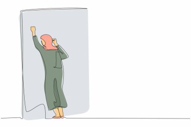 Bir satırda Arap iş kadınını üzgün üzgün ağlarken çekmesi fırsatını kaçırdı. Depresyondaki ofis çalışanı duvarda feryat ediyor işini kaybediyor. Depresyon bozukluğu, keder. Devamlı çizgi tasarım grafik vektörü