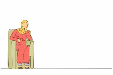 Tek sıra halinde, koltukta oturan, stresli ve yalnız hisseden Arap iş kadını çiziyor. Endişeli işçiler kanepeye oturur, ağlar, hayal kırıklığına uğrar, depresyona girer, acı çeker. Bir çizgi çizimi grafik tasarım vektörü