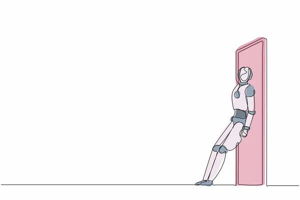 Непрерывная Одна Линия Рисования Роботов Стоя Толкая Дверь Спиной Гуманоидный — стоковый вектор