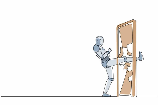 Una Sola Línea Dibujo Robot Pateando Puerta Cerrada Destruir Desarrollo — Vector de stock