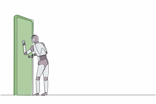Безперервна Одна Лінія Малювання Роботів Стоять Перед Кімнатою Стукають Двері — стоковий вектор