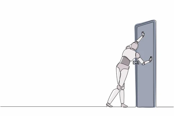 单行绘图机器人站立并推上关闭的门 今后的技术开发 人工智能和机器学习过程 连续直线设计图形矢量插图 — 图库矢量图片