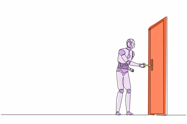 Robots Dessin Continu Une Ligne Tient Insère Clé Dans Trou — Image vectorielle