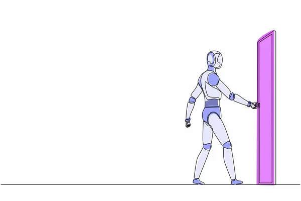 Robots Dibujo Línea Continua Única Que Sostienen Perilla Puerta Ingresan — Vector de stock