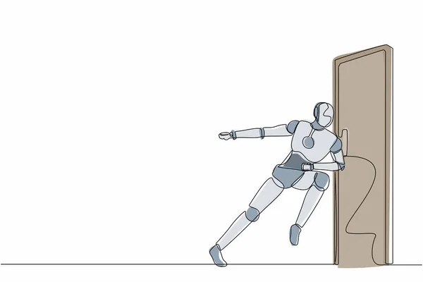 Una Sola Línea Continua Dibujar Robots Corriendo Quiere Romper Puerta — Vector de stock