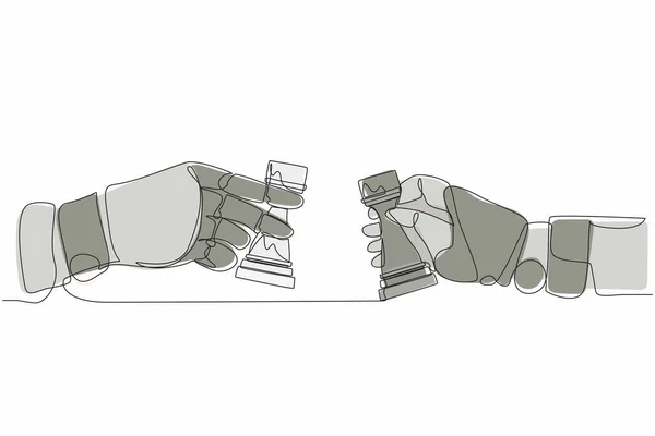 1本の線画ロボットの手もロックチェスの駒を保持し もう一方の手も 将来の技術 人工知能と機械学習プロセス 連続線画設計図ベクトル — ストックベクタ