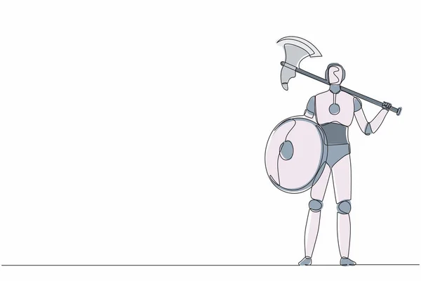 Een Enkelvoudige Robot Met Één Lijn Staande Met Bijl Schild — Stockvector