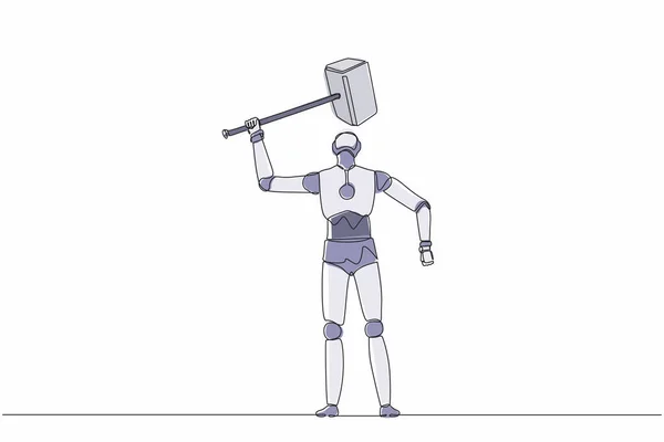 单行绘图机器人站立并举起大锤 今后的技术开发 人工智能机器学习过程 连续直线设计图形矢量插图 — 图库矢量图片