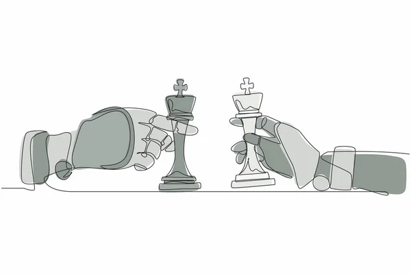 Одна Сплошная Линия Рисования Руки Роботов Держа Шахматную Фигуру Короля — стоковый вектор