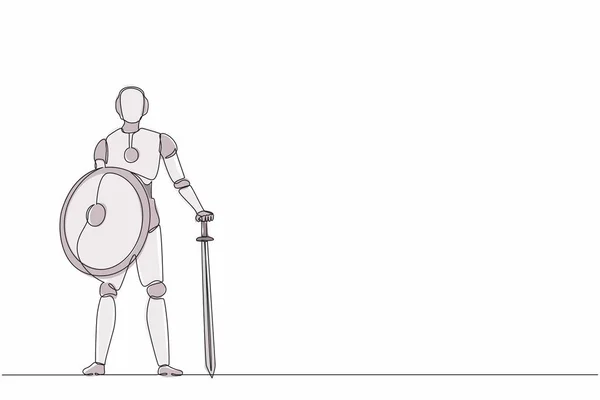 Nepřetržitý Jeden Řádek Kreslení Roboti Stojí Velkým Mečem Štítem Humanoidní — Stockový vektor