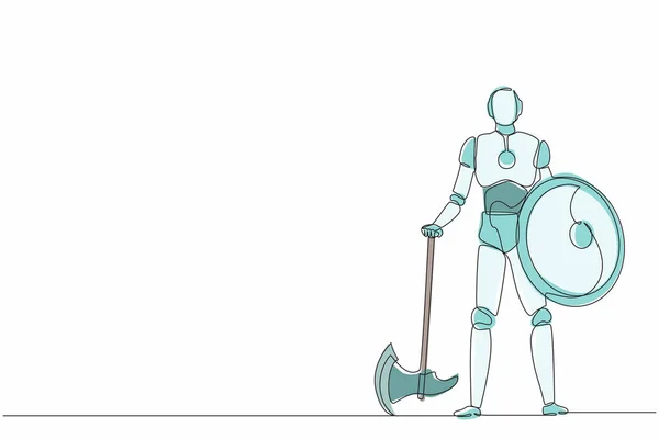 Kontinuální Jednořádkové Kreslicí Roboty Drží Velkou Sekeru Štít Humanoidní Robotický — Stockový vektor