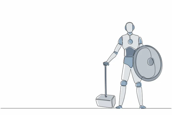 Συνεχής Μία Γραμμή Σχεδίασης Ρομπότ Στέκεται Κρατώντας Μεγάλο Σφυρί Και — Διανυσματικό Αρχείο
