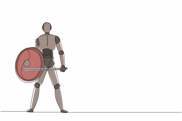 Μονό Μία Γραμμή Σχέδιο Ρομπότ Στέκεται Κρατώντας Σπαθί Και Ασπίδα — Διανυσματικό Αρχείο
