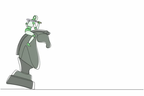Una Sola Línea Continua Dibujando Robots Montando Gran Caballo Ajedrez — Vector de stock
