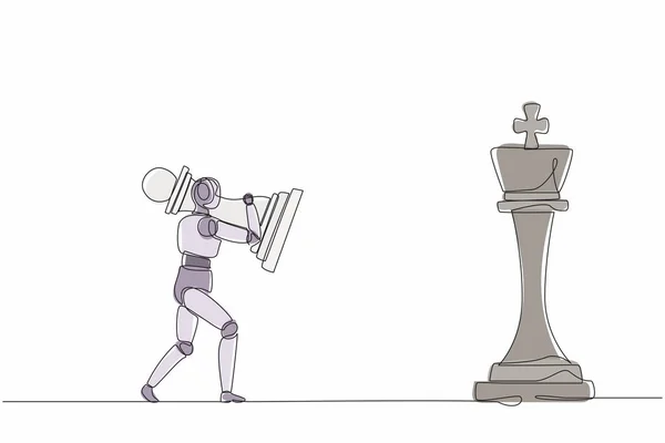 Одна Линия Рисования Робот Держит Пешку Шахматы Победить Короля Шахматы — стоковый вектор
