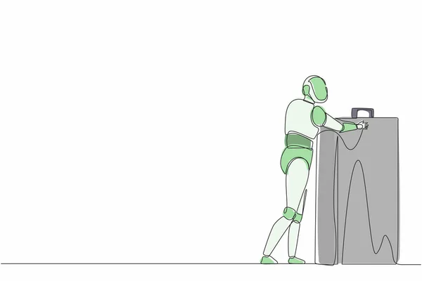 Una Sola Línea Continua Dibujando Robots Pie Abrazando Enorme Maletín — Vector de stock