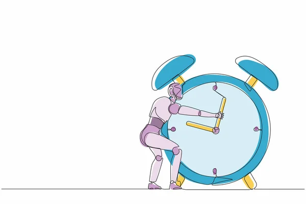 Robots Dibujo Continuo Una Línea Abrazando Enorme Reloj Despertador Tecnología — Vector de stock